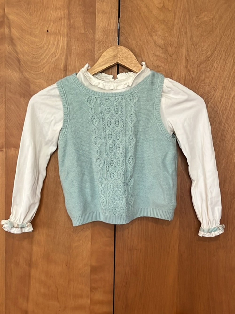 Tommy Bahama Light Blue Cable Knit Vest with White Ruffle Top
